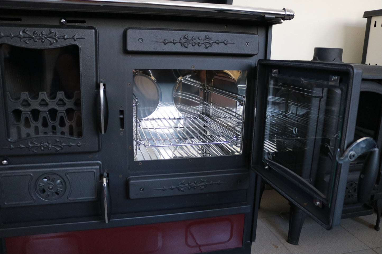 Guliver Burgundy Wood Cookstove with Top Warming Oven