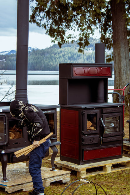 Guliver Burgundy Wood Cookstove with Top Warming Oven