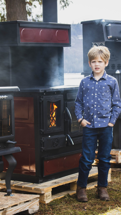 Guliver Burgundy Wood Cookstove with Top Warming Oven