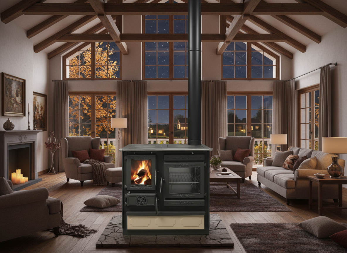 Guliver Cream Porcelain Enamel with cast iron Cooktop and Decorative Cast Iron Doors