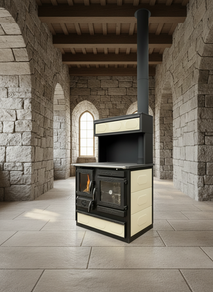 Guliver Wood Cook Stove Enamel Cream w/warming closet