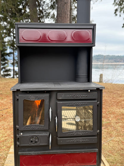 Guliver Burgundy Wood Cookstove with Top Warming Oven