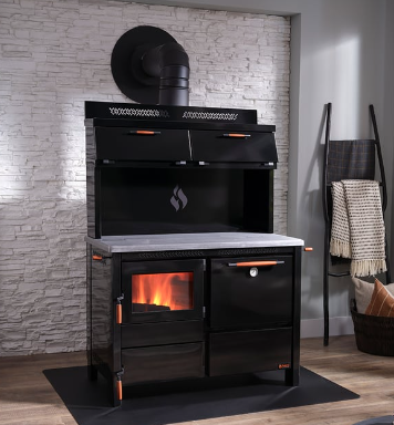 Heco 420 Wood & Coal Cook Stove - Solid Top, Glass Doors, Warming Closet